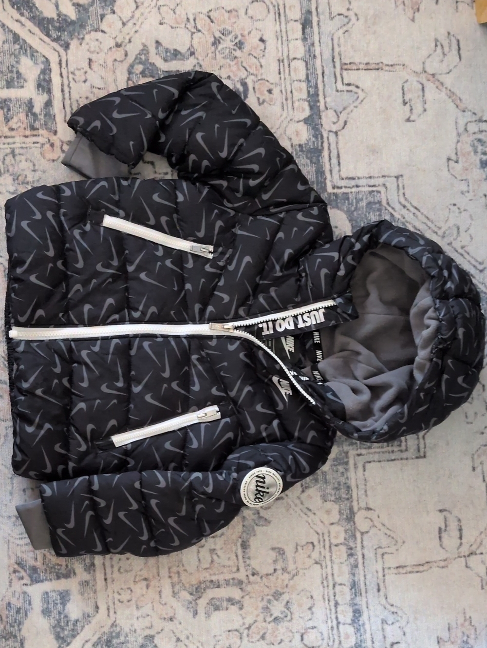 Nike Black Kids Puffer Jacket with Repeat Swoosh Print